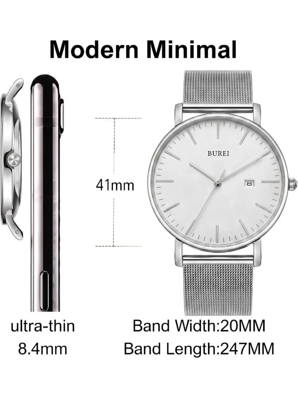 Men's Silver Stainless Steel Mesh Band Minimalist Analog Waterproof Wrist Watch